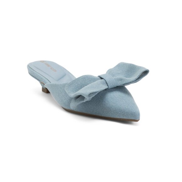 ANNE KLEIN Denim Talah Kitten Heeled Bow Mules - Picture 1 of 2